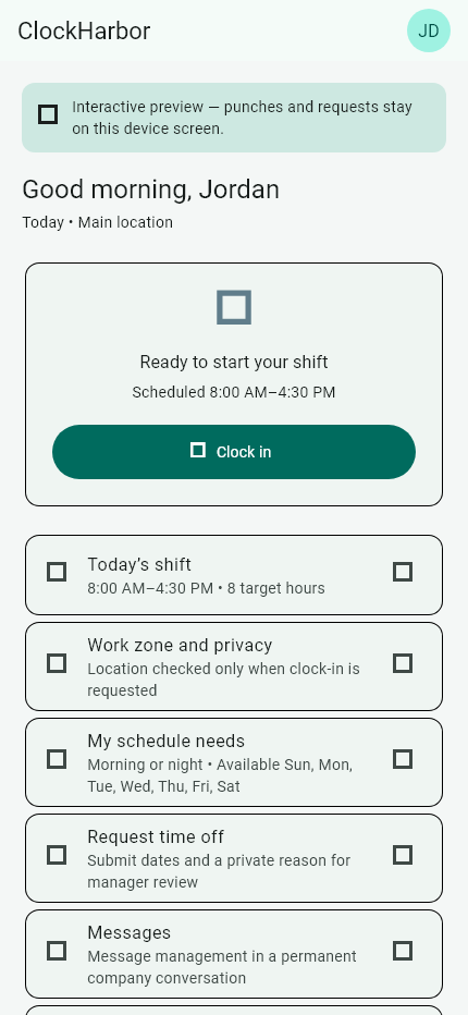 Clock Harbor employee home showing secure timekeeping and workday controls