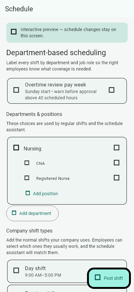 Clock Harbor schedule builder showing real shifts and team availability